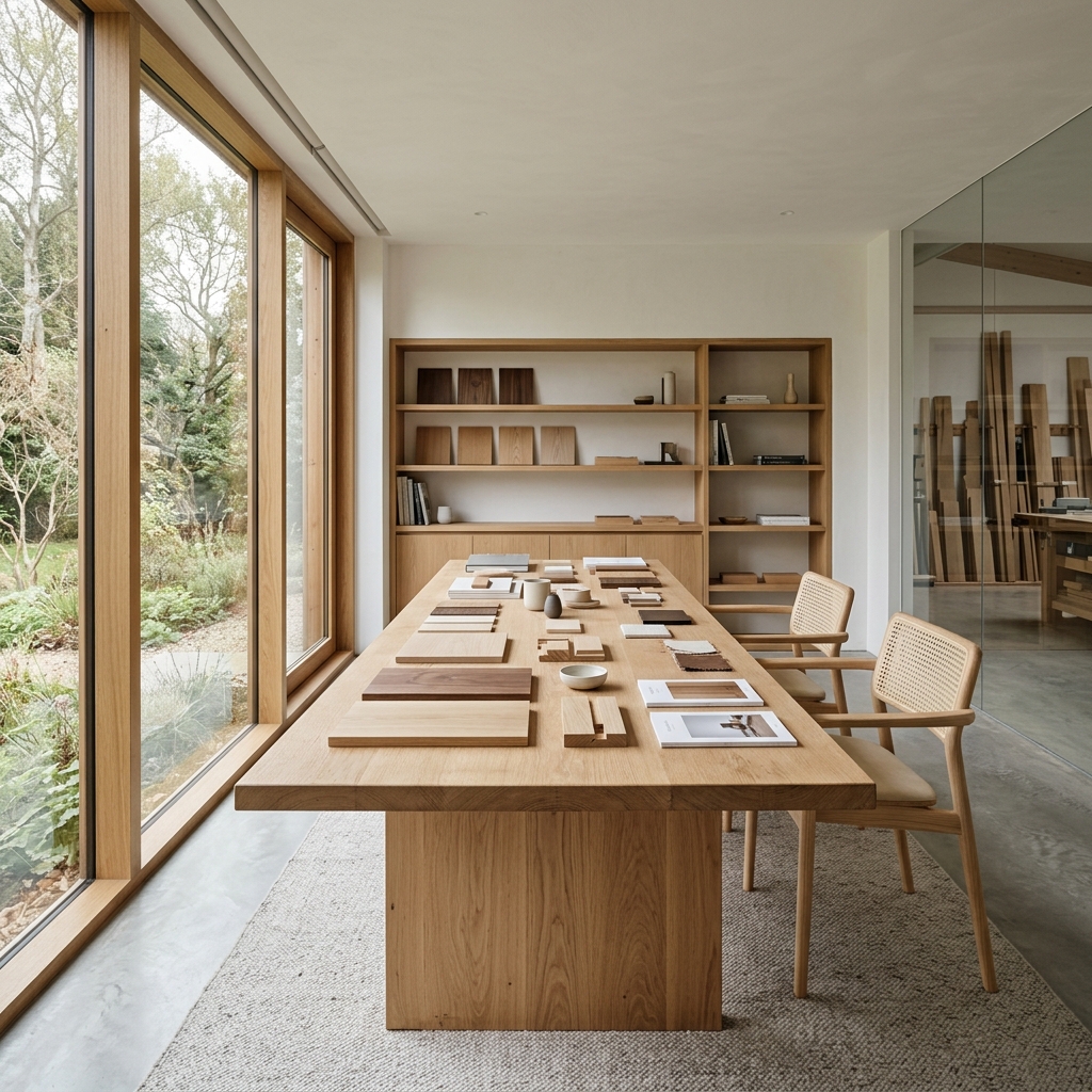 Minimalistisches Büro mit maßgefertigtem Schreibtisch und Regal aus Esche