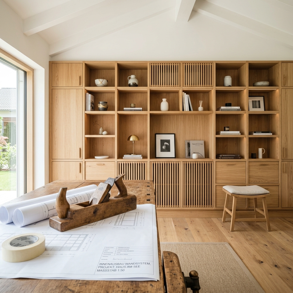 Maßgefertigter Innenausbau aus edlem Holz mit Architekturplänen und traditionellem Handwerkzeug im Vordergrund