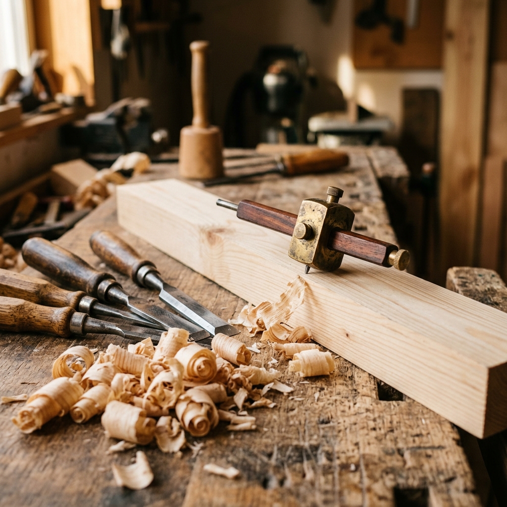 Werkstatt-Detail: Hobel, Stechbeitel und frische Holzspäne auf der Werkbank